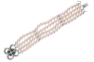 Bracciale di perle coltivate con diamanti e smeraldi - Vintage mania