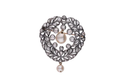 Spilla con perle coltivate e diamanti - Vintage mania