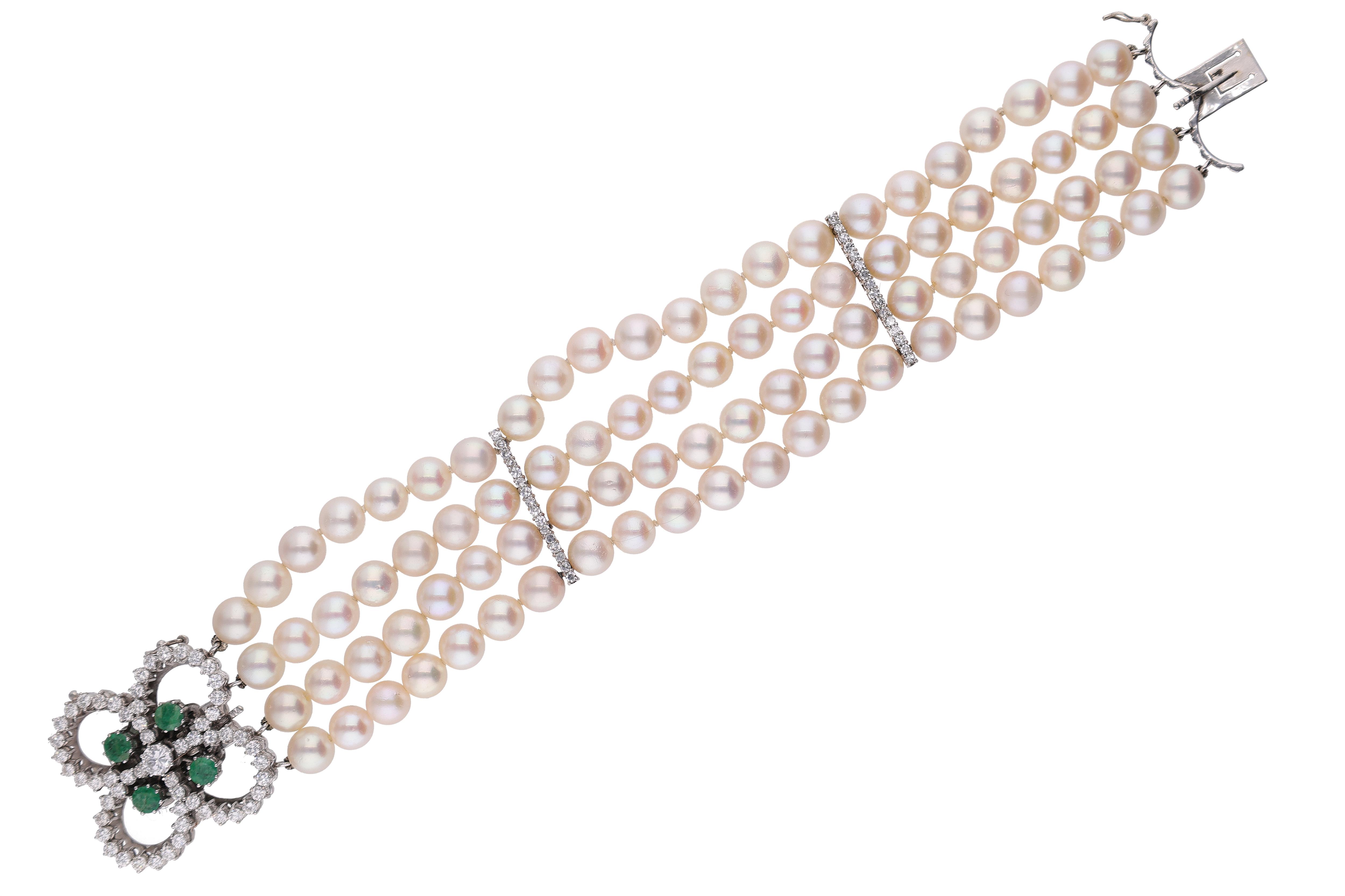 Bracciale di perle coltivate con diamanti e smeraldi - Vintage mania