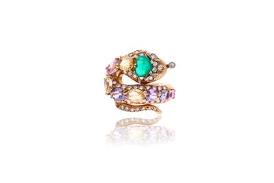 Anello con diamanti, smeraldo e zaffiri multicolor - Asta Preziosi