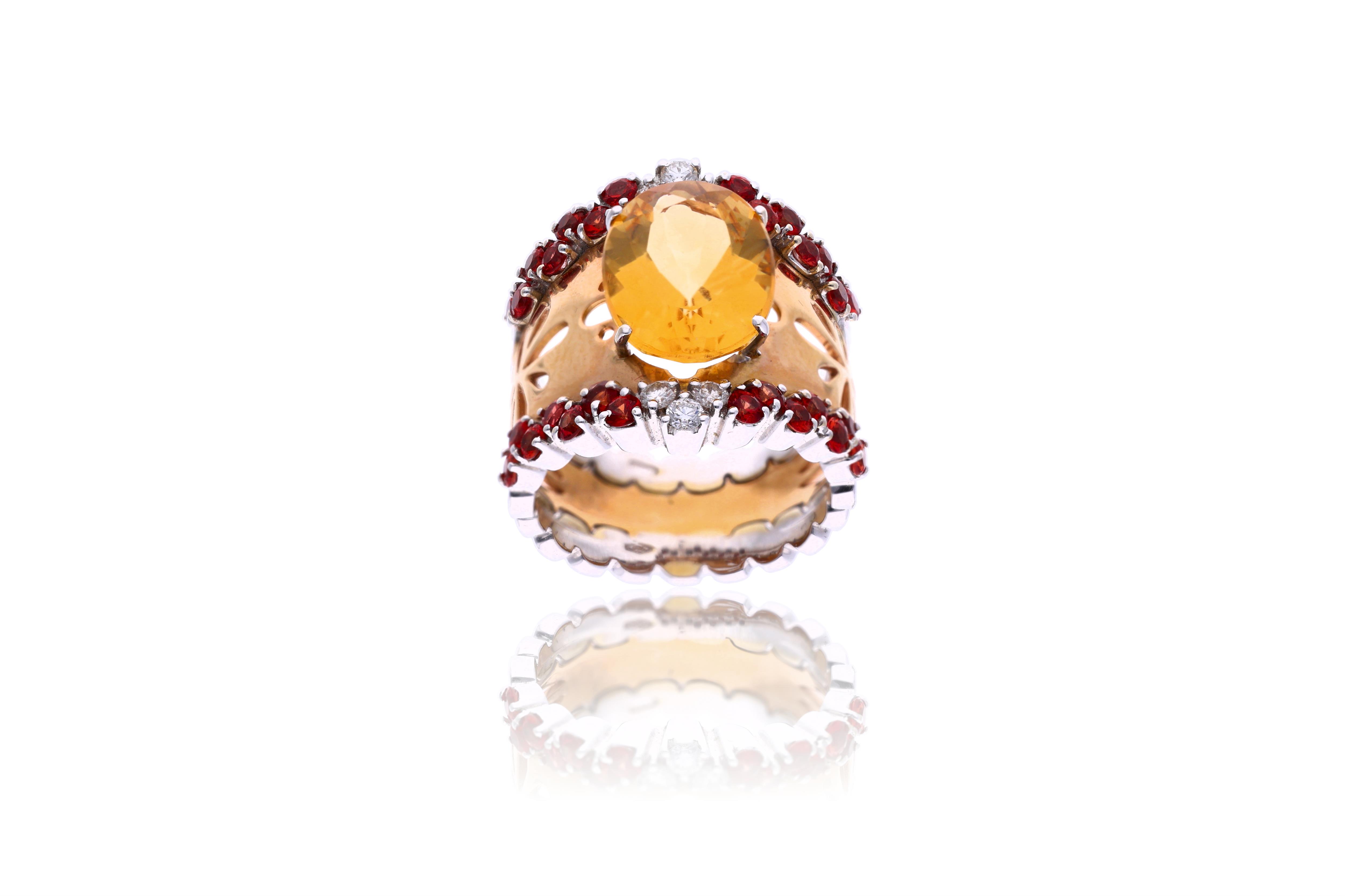 Anello con quarzo citrino, granati e diamanti - Asta Preziosi