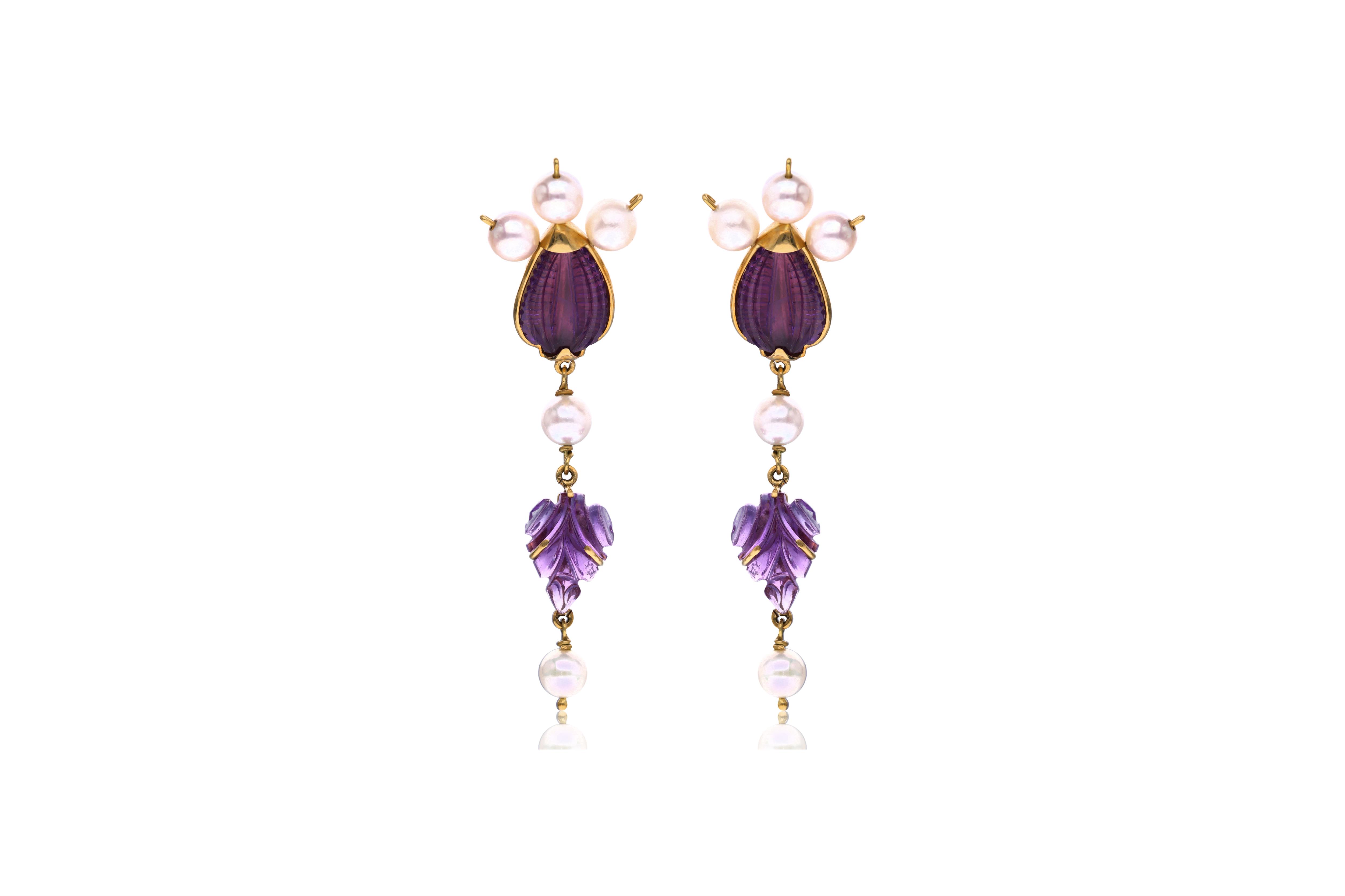 Paio di orecchini con ametiste e perle coltivate - Asta preziosi