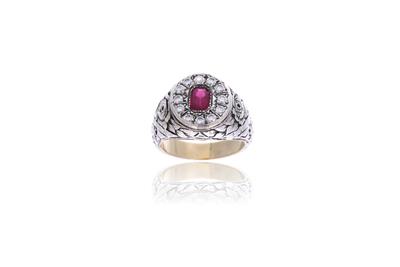 Anello con diamanti e pietra in argento e oro - Asta Preziosi