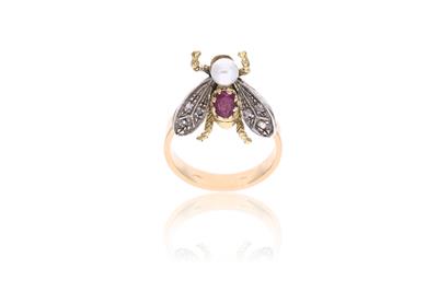 Anello con diamanti, rubino e perla - Asta Preziosi