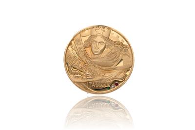 Medaglia in oro, con diamante, rubino e smeraldo - Asta Preziosi