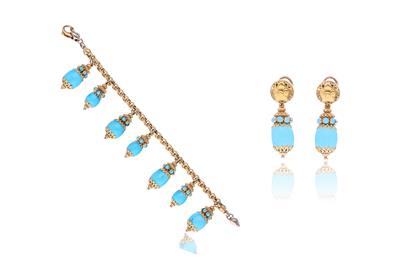 Sun Day, parure composta da paio di orecchini e bracciale con turchesi e pietre - Asta Preziosi Sun Day, parure composta da paio di orecchini e bracciale con turchesi e pietre - Asta Preziosi