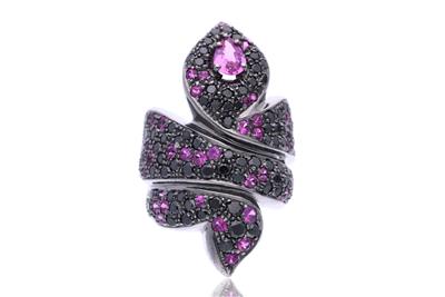 Anello in oro, con diamanti neri e zaffiri rosa - Speciale Gioielli