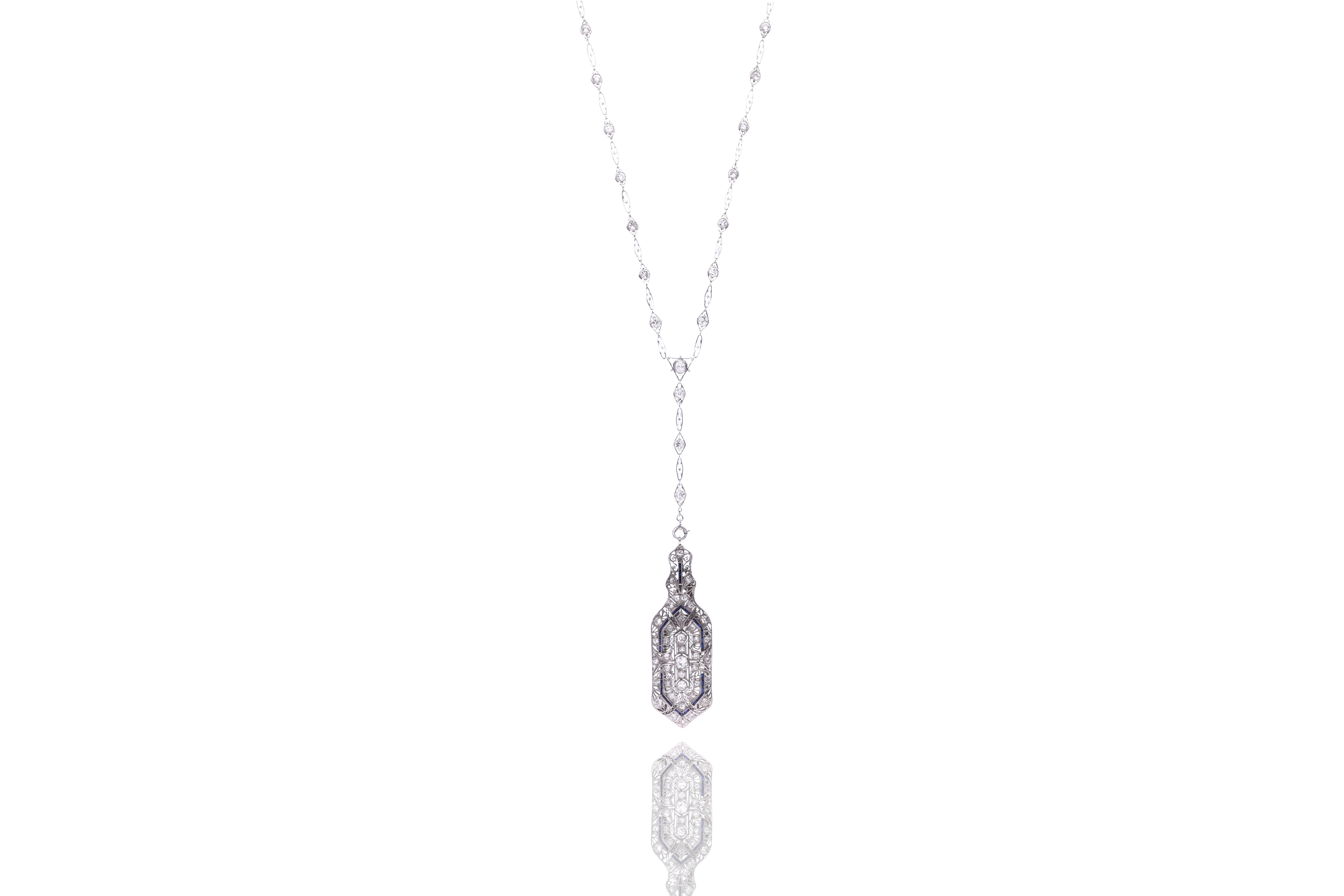 Collana e ciondolo lorgnette con diamanti e zaffiri in platino - Asta di Pasqua