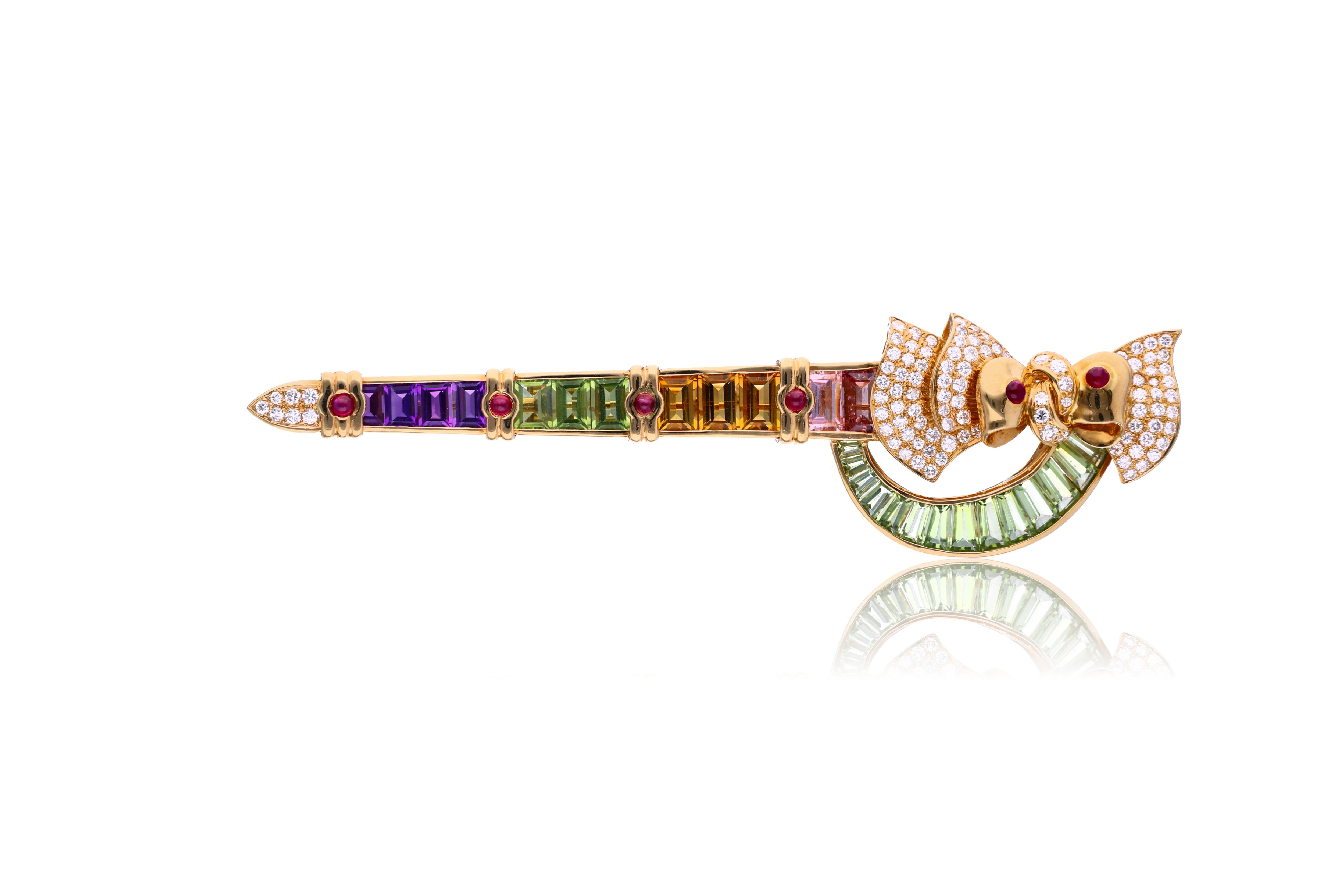 Spilla con diamanti, rubini, tormaline e pietre - Asta Orologi & Gioielli