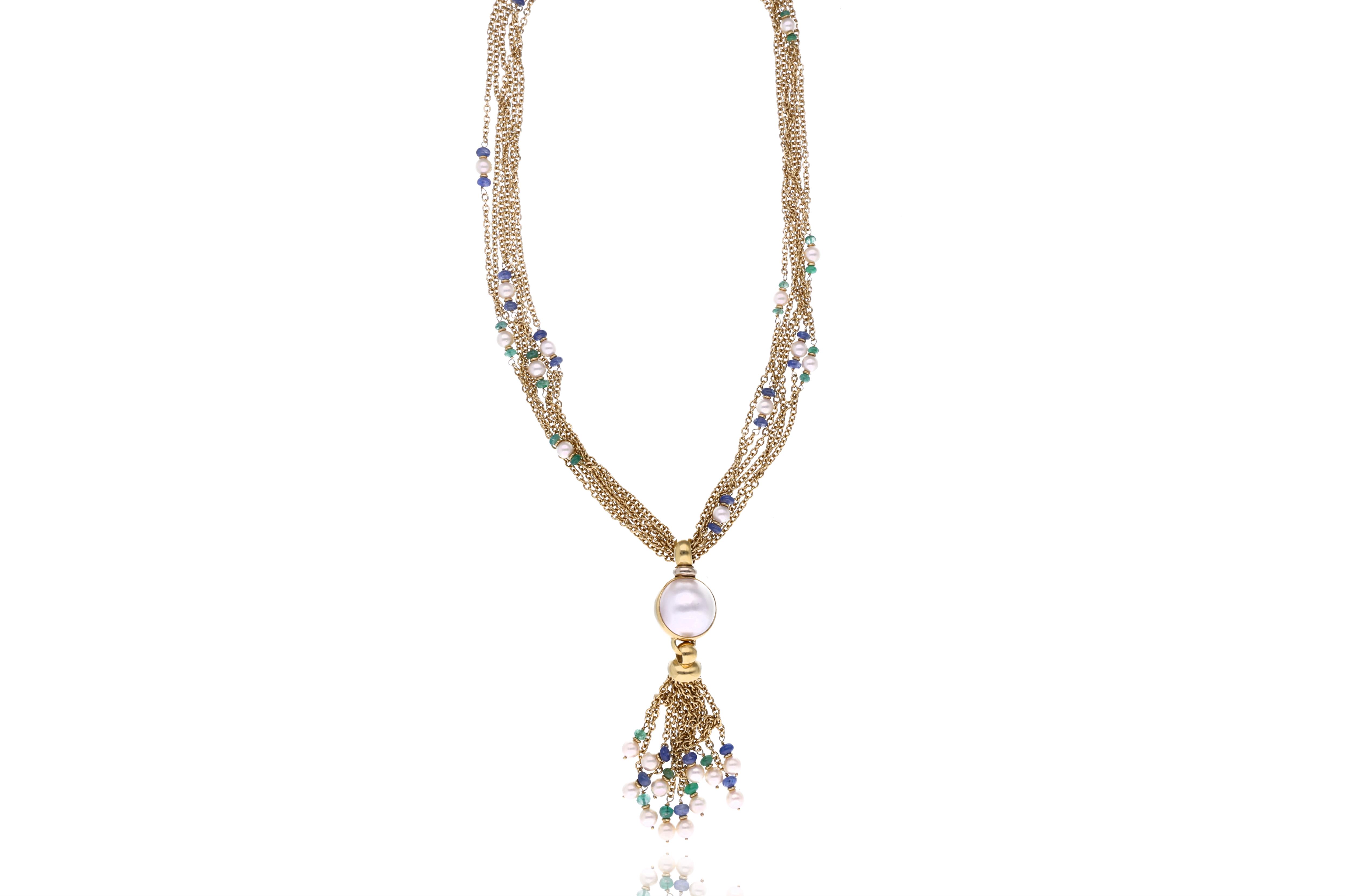 Collana con perla mabe', perle coltivate, zaffiri e smeraldi - Asta Speciale