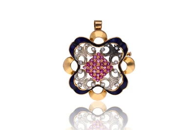 Spilla/ciondolo con diamanti, rubini e smalto - Asta Speciale San Valentino