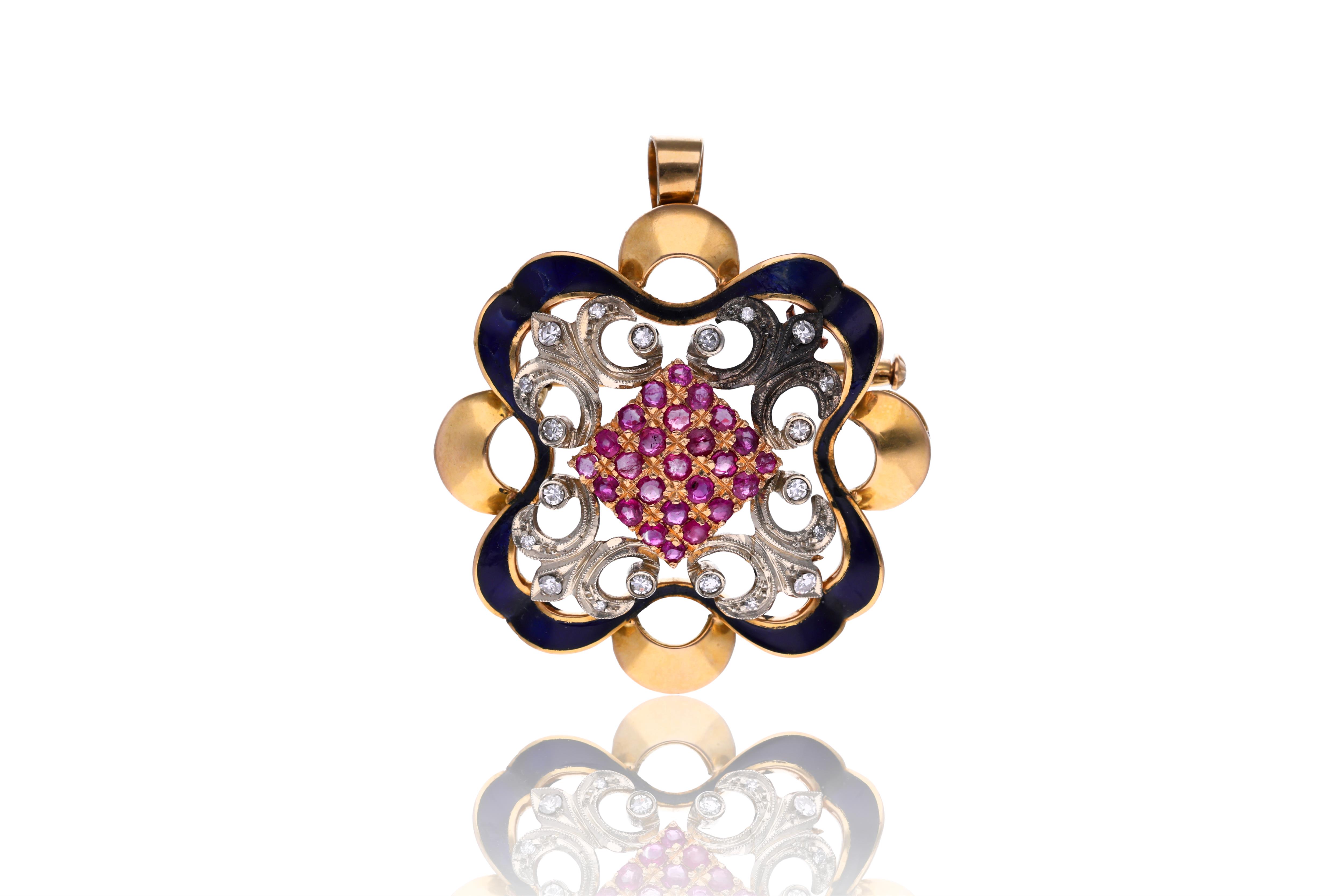 Spilla/ciondolo con diamanti, rubini e smalto - Asta Speciale San Valentino