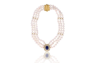 Collana di perle coltivate con diamanti e zaffiro - Asta Primavera d'Oro - Gioielli in fiore